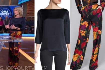 amy robach's floral pants and satin boatneck top