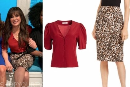 marie osmond's red blouse and leopard pencil skirt