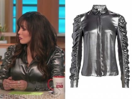 marie osmond, the talk, ruched metallic button down blouse