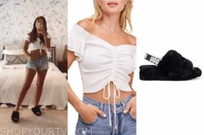 hannah ann sluss, the bachelor, white crop top, black fur slippers