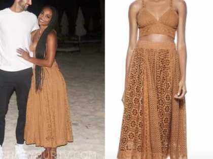 rachel lindsay, the bachelorette, tan lace crop top and skirt set