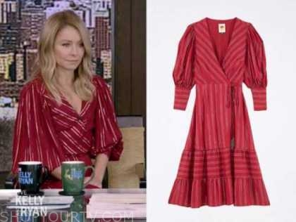 kelly ripa, live with kelly and ryan, red metallic stripe wrap midi dress