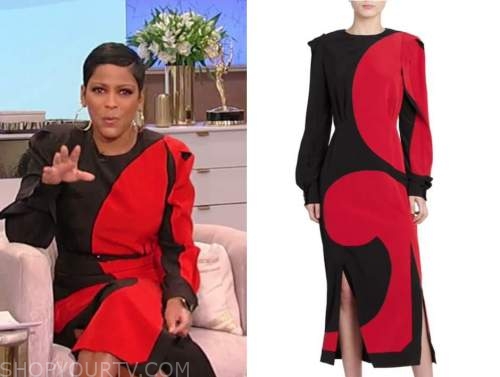 tamron hall, tamron hall show, red and black colorblock midi dress