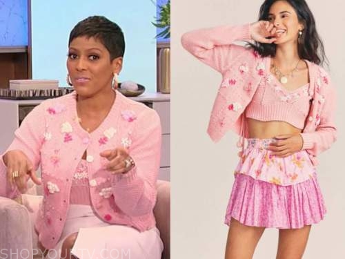 tamron hall, tamron hall show, pink floral cardigan sweater set