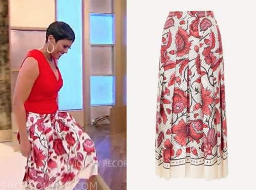 tamron hall, tamron hall show, red floral midi skirt