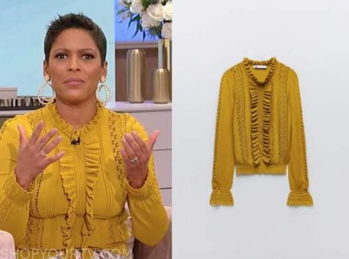 tamron hall, tamron hall show, yellow ruffle knit top