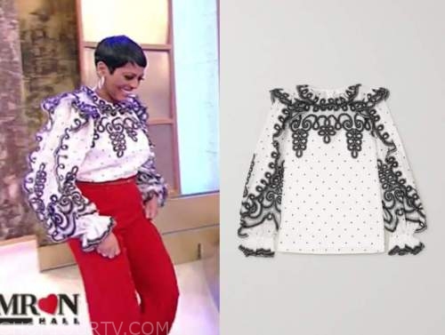 tamron hall, tamron hall show, black and white embroidered blouse