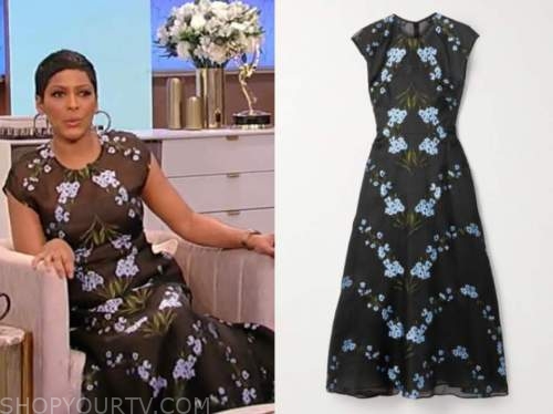 tamron hall, tamron hall show, black and blue floral embroidered midi dress