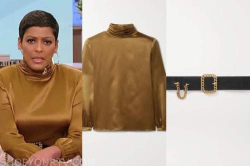 tamron hall, tamron hall show, gold satin mock neck top, black belt