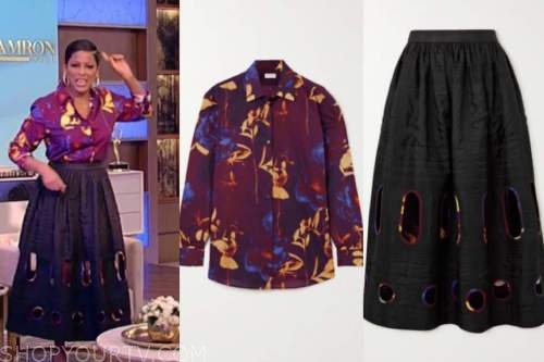 tamron hall, tamron hall show, burgundy floral top, black cutout skirt
