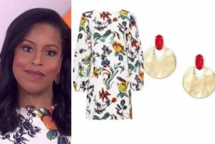 the today show, sheinelle jones, white floral shift dress, gold disc earrings