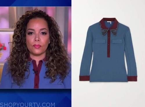 sunny hostin, the view, blue and burgundy lace collar blouse