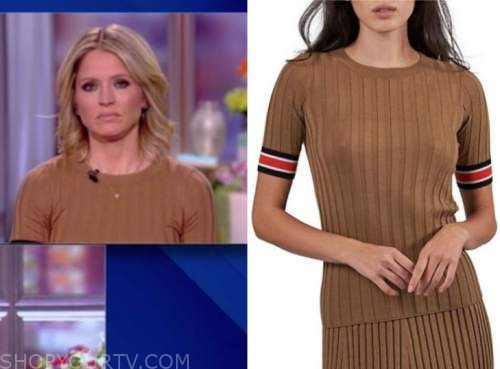 sara haines, the view, brown ribbed knit striped trim short sleeve sweater top