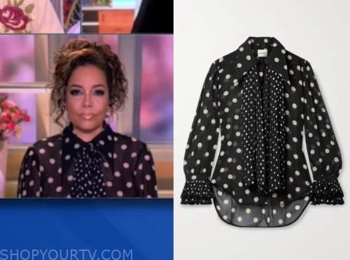sunny hostin, the view, black polka dot tie neck blouse