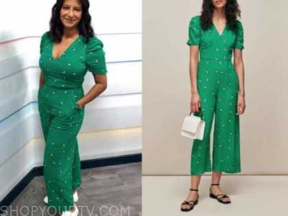 ranvir singh, good morning Britain, green floral jumpsuit