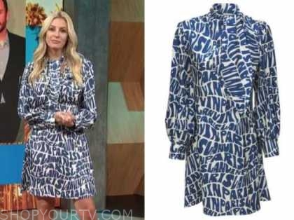 Morgan Stewart mcgraw, E! news, daily pop, logo blue tie neck silk dress
