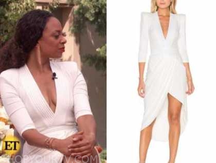 Drew Barrymore show, white asymmetric midi dress, Nischelle turner
