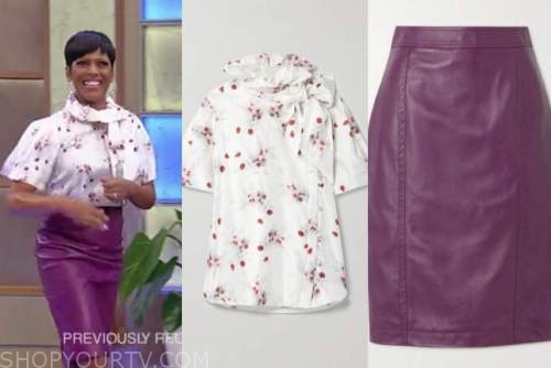 tamron hall, tamron hall show, floral blouse, purple leather skirt