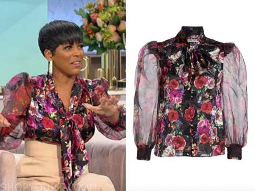 tamron hall, tamron hall show, floral tie neck blouse