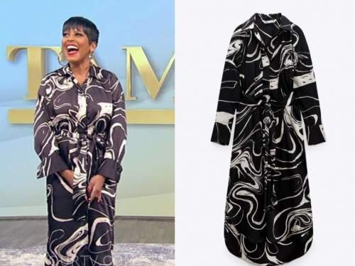 tamron hall, tamron hall show, black and white swirl print shirt dress