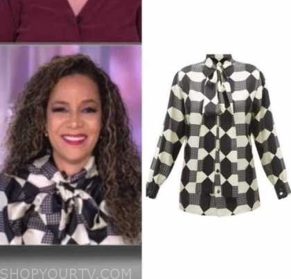 the view, sunny hostin, black and white printed tie neck blouse