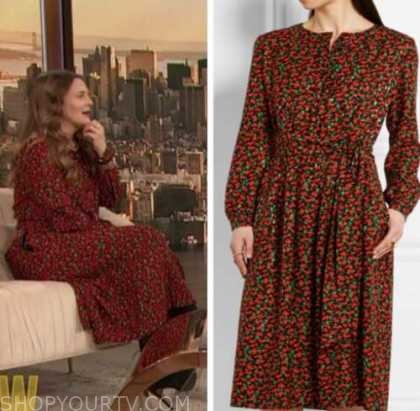 drew barrymore, drew barrymore show, red floral midi dress