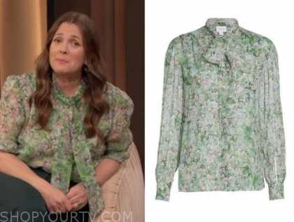 drew barrymore, drew barrymore show, green floral tie neck blouse