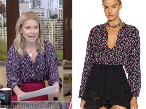 kelly ripa, live with kelly and ryan, blue and pink printed blouse