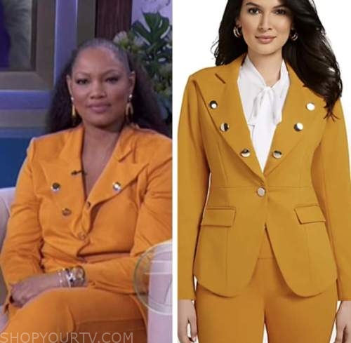 the real, garcelle beauvais, mustard orange blazer and pant suit