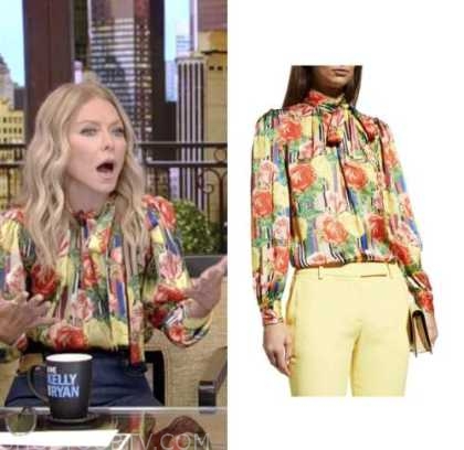 kelly ripa, floral tie neck blouse, live with kelly and ryan