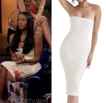 Eliza Isichei, bachelor in paradise, white leather strapless dress