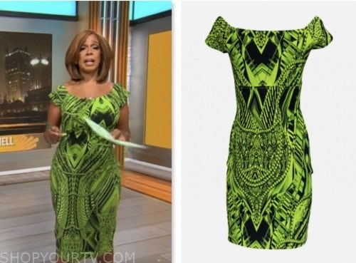 gayle king, cbs mornings, green and black printed sheath dress