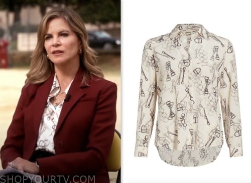 natalie morales, cbs mornings, ivory chain print silk blouse