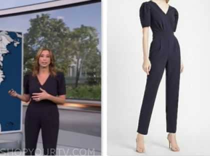cbs mornings, stephanie abrams, navy blue puff sleeve jumpsuit