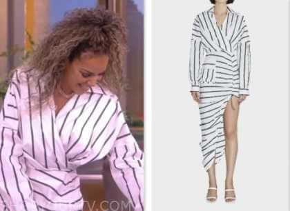sunny hostin, the view, white striped asymmetric midi dress