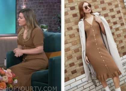 kelly clarkson, the kelly clarkson show, brown ribbed knit button front midi dress