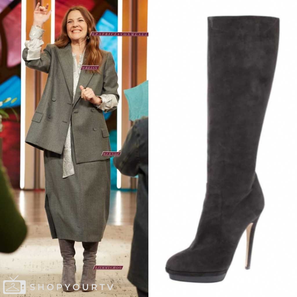 Drew Barrymore Show: April 2024 Drew Barrymore’s Grey Suede Platform ...