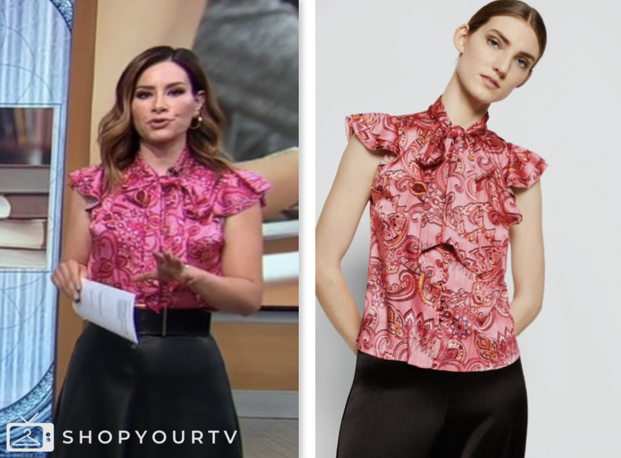 rebecca jarvis, good morning america, pink paisley print flutter sleeve top