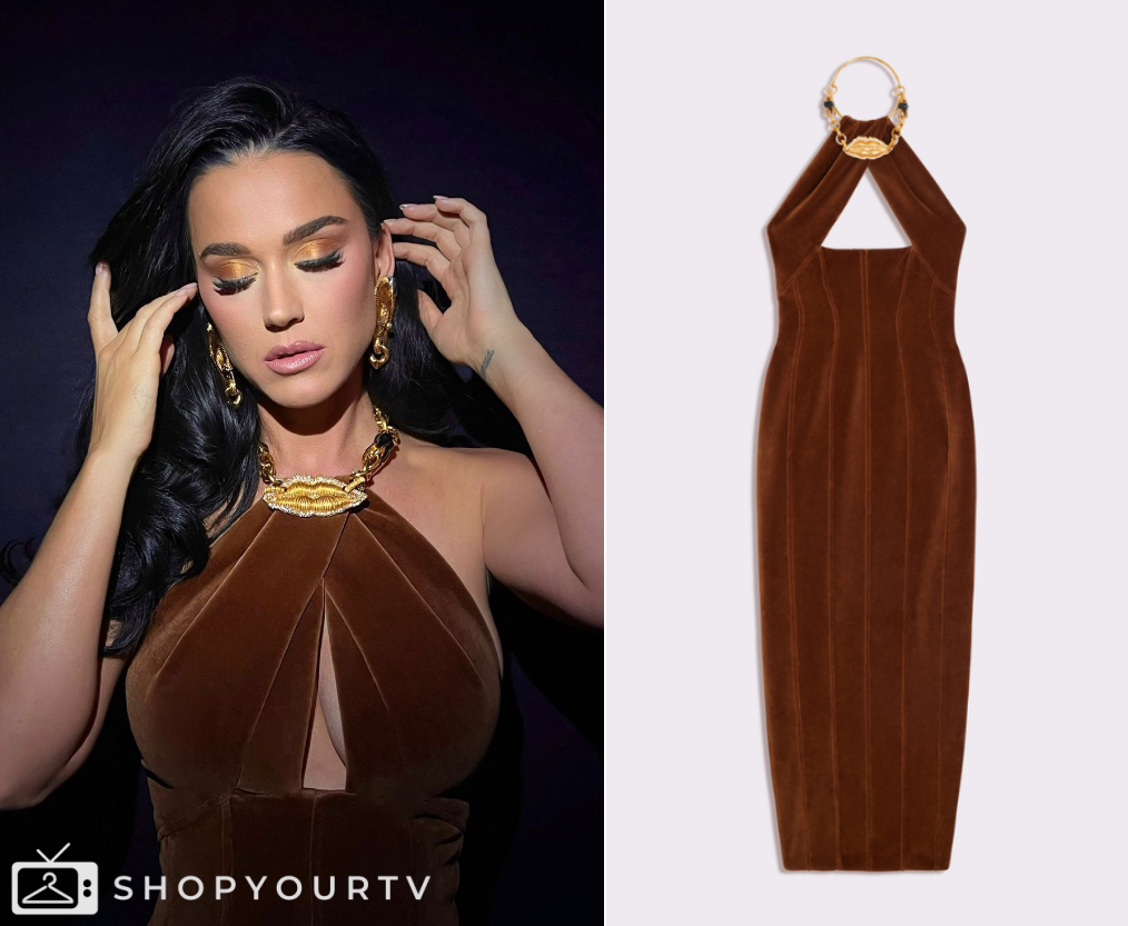 katy perry brown dress Katy Perry Wears Custom Vivienne Westwood Brown Leather One-Shoulder Dress to the 2021 CMA Awards