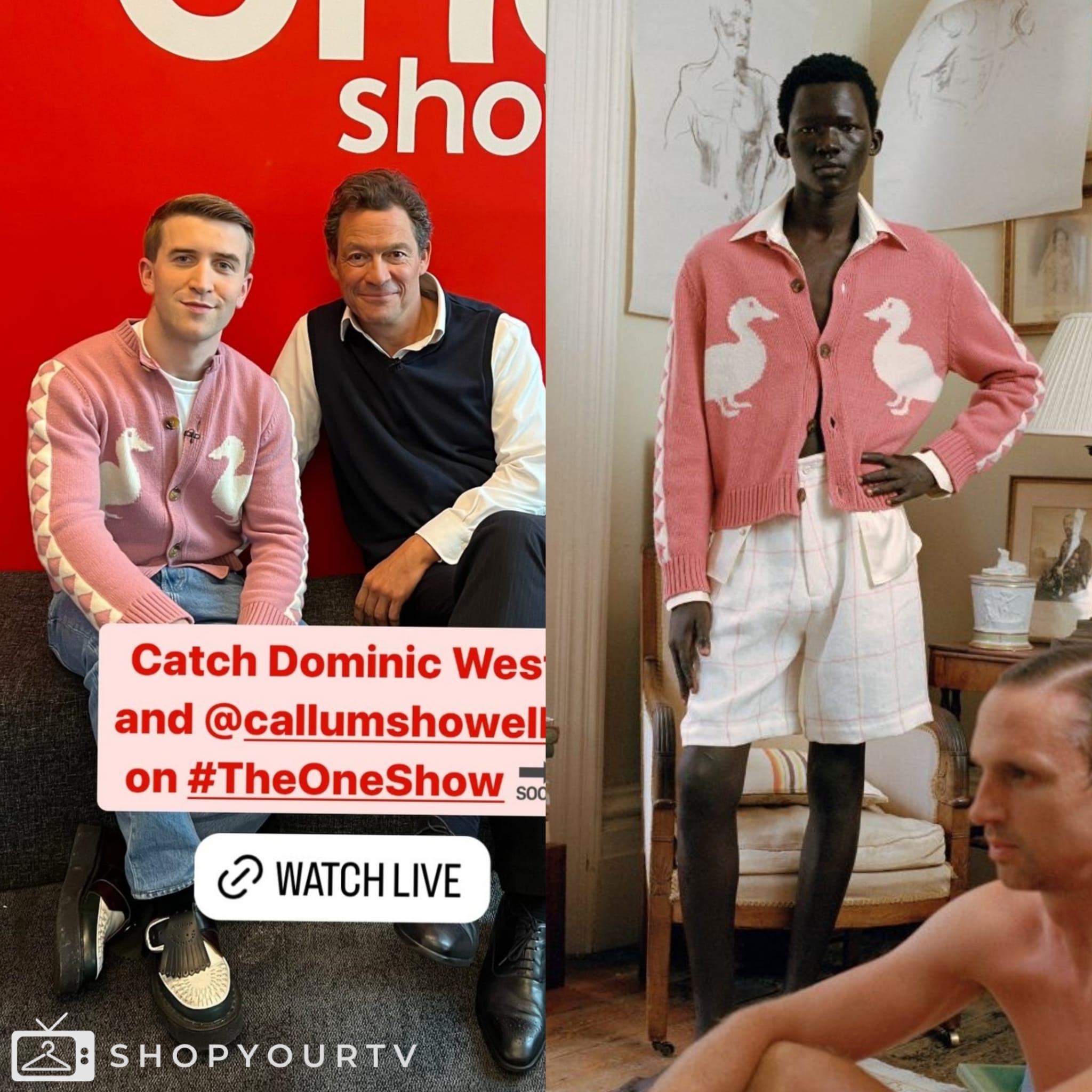 Callum Howells Drag The One Show: May 2024 Callum Scott Howells’s Pink Duck Cardigan | Shop ...