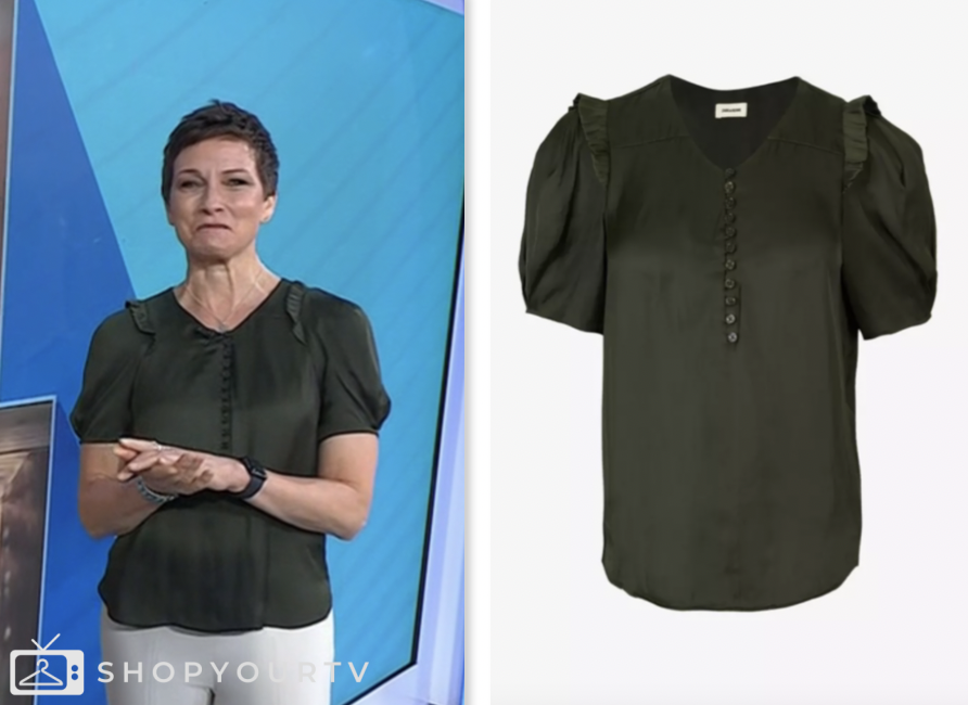 the today show, green satin ruffle top, stephanie gosk