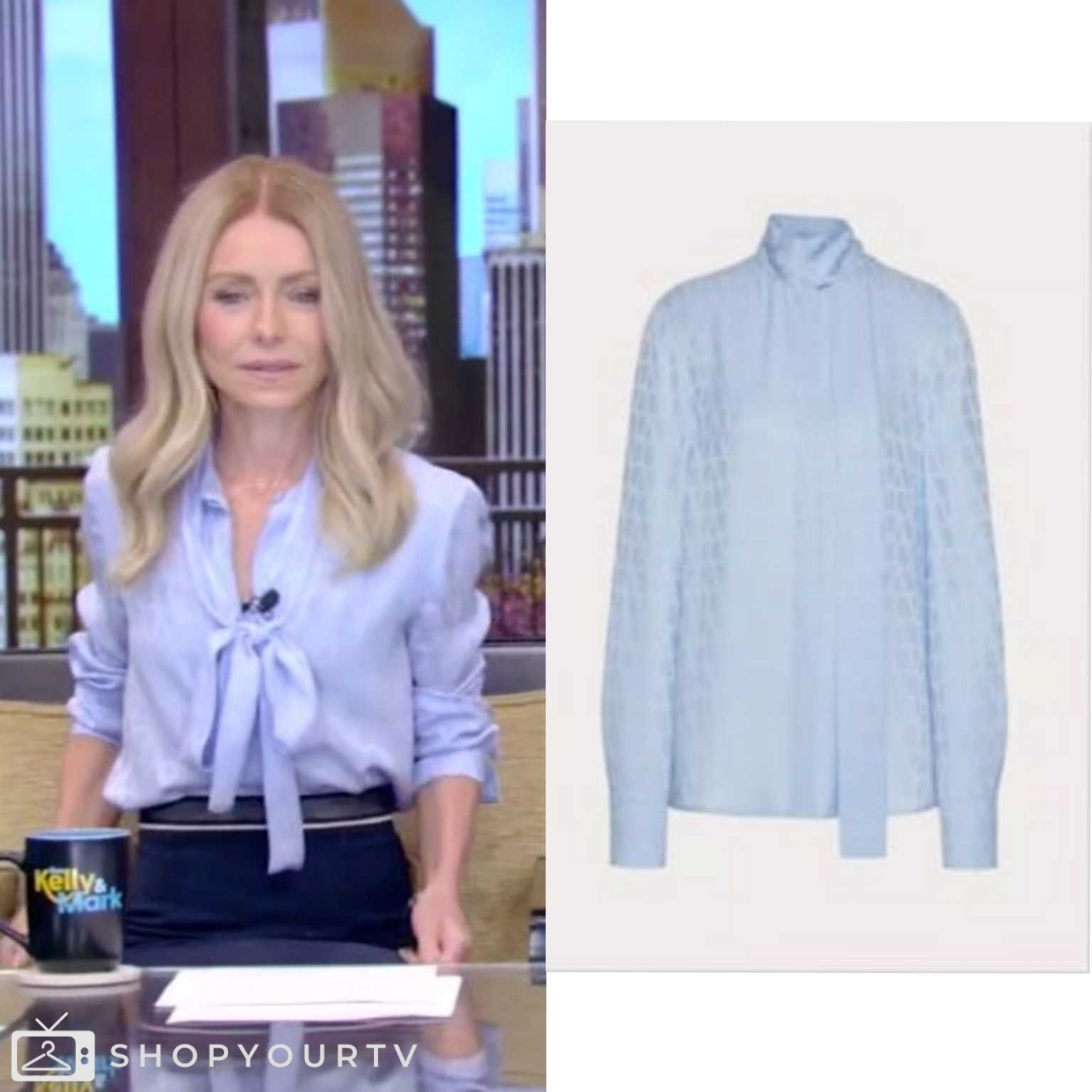 Kelly Ripa Logo Live with Kelly and Mark: June 2024 Kelly Ripa’s Blue Logo Blouse ...