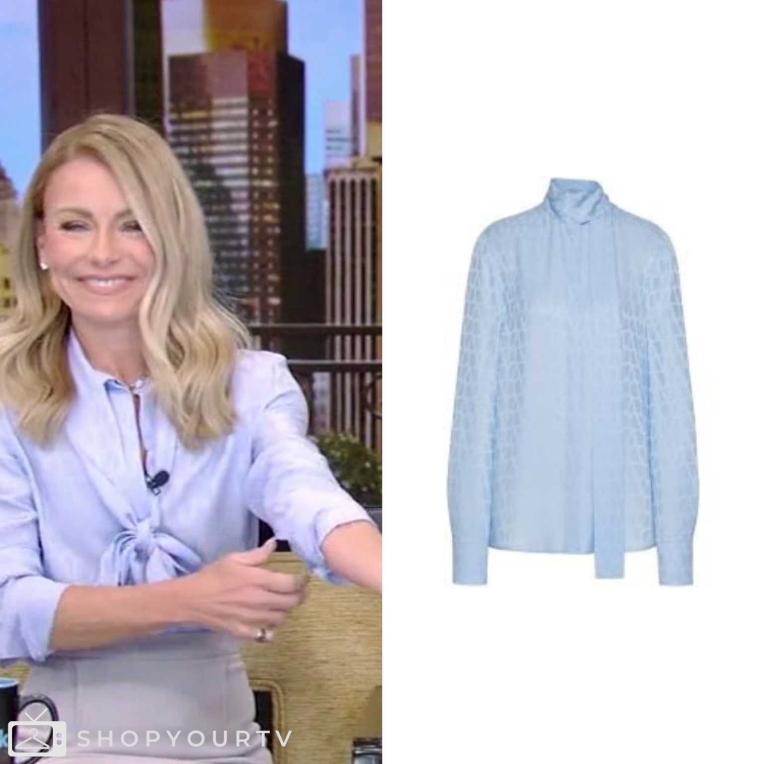 Kelly Ripa Logo Live with Kelly and Mark: June 2024 Kelly Ripa’s Blue Logo Blouse ...