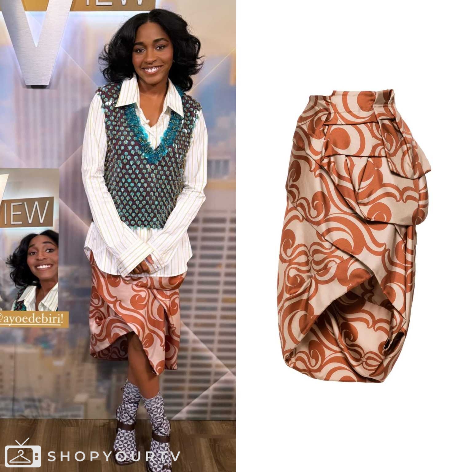 The View June 2024 Ayo Edebiri’s Printed Draped Midi Skirt Shop Your TV