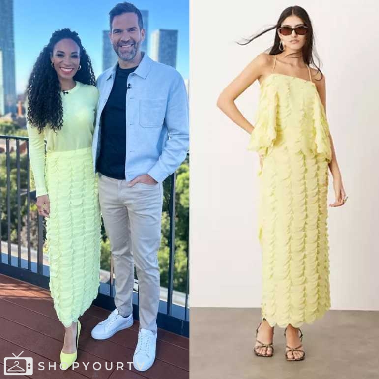 BBC Morning Live June 2024 Michelle Ackerley s Yellow Textured Midi bbc-morning-live-june-2024-michelle-ackerley-s-yellow-textured-midi