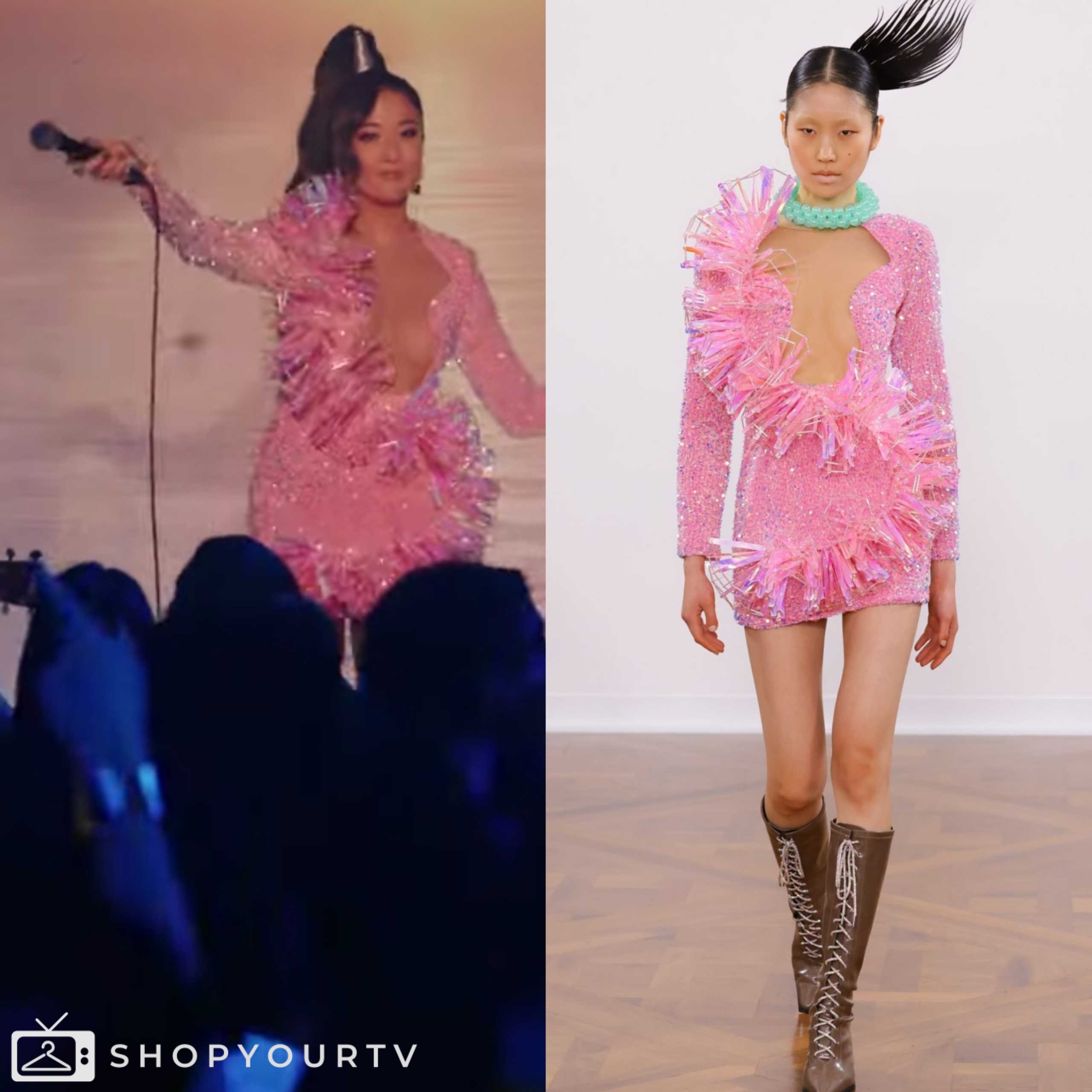 Emily in Paris: Season 4 Episode 4 Mindy's Pink Long Sleeve Mini Dress | Shop Your TV Emily in Paris: Season 4 Episode 4 Mindy's Pink Long Sleeve Mini Dress | Shop Your TV