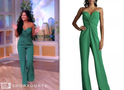 jenn tran, the view, green twist strapless jumpsuit