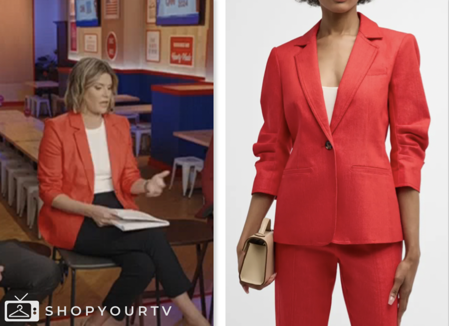 CNN This Morning: July 2024 Kasie Hunt's Red Denim Ruched Sleeve Blazer ...