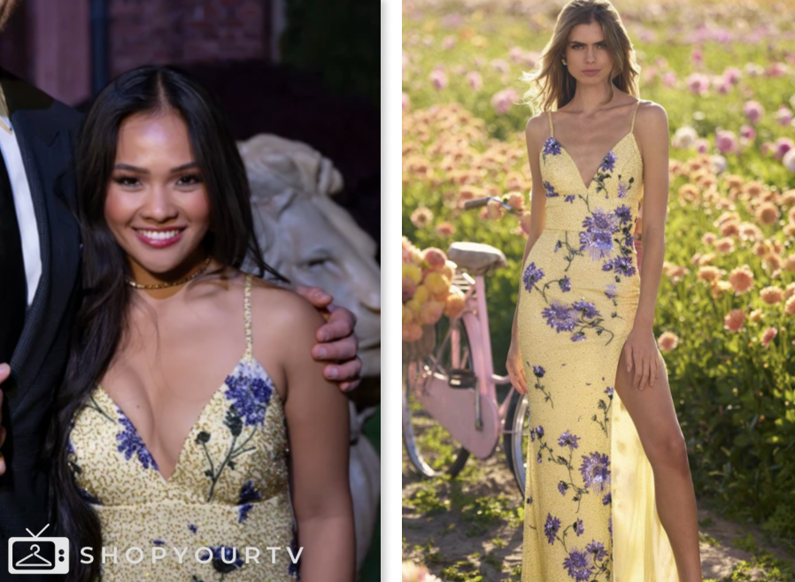 The Bachelorette: Season 21 Episode 6 Jenn Tran's Yellow and Purple Floral Gown | Shop Your TV The Bachelorette: Season 21 Episode 6 Jenn Tran's Yellow and Purple Floral Gown | Shop Your TV
