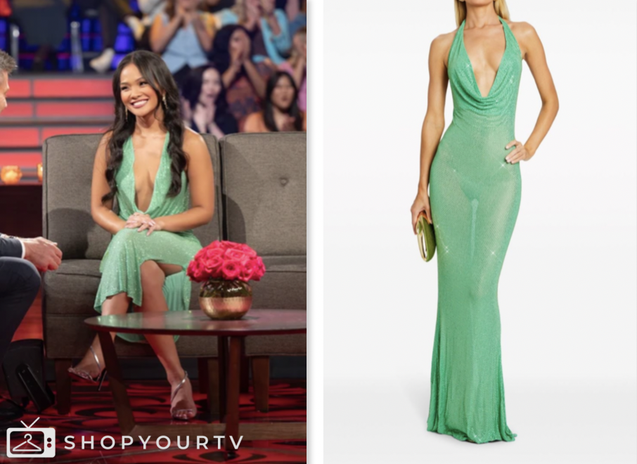 The Bachelorette: Season 21 Episode 9 Men Tell All Jenn Tran's Green Sequin Drape Dress | Shop Your TV The Bachelorette: Season 21 Episode 9 Men Tell All Jenn Tran's Green Sequin Drape Dress | Shop Your TV